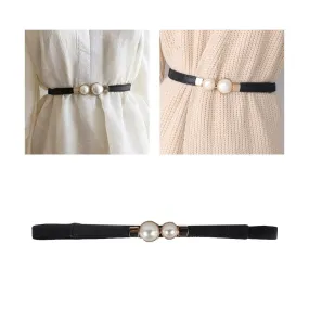 (62cm) Elastic waist belt accessory with pearl buckle - Black / Gold