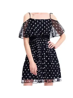 ADRIANNA PAPELL Womens Black Tie Sheer Polka Dot Short Sleeve Off Shoulder Knee Length Party Dress