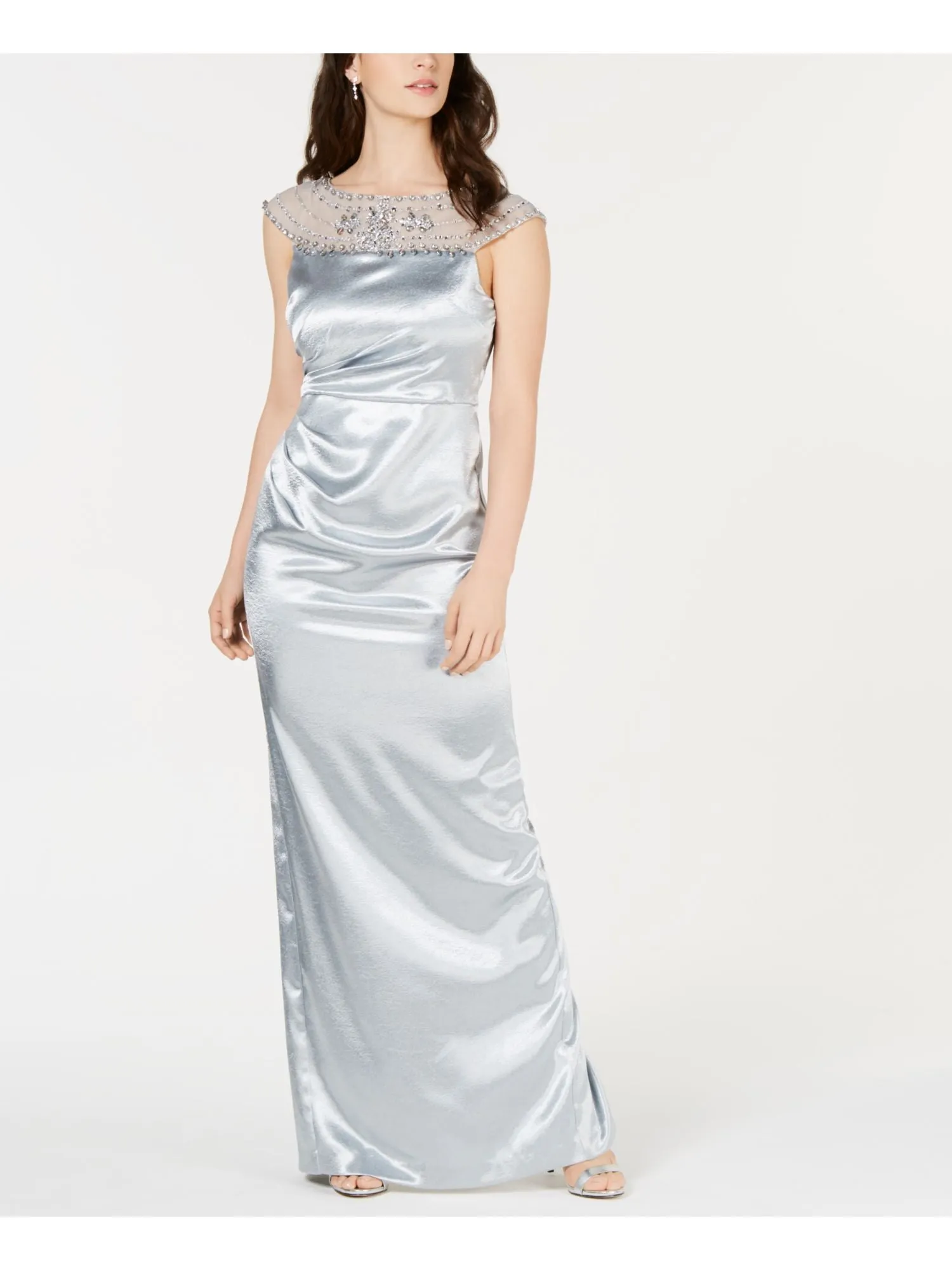 ADRIANNA PAPELL Womens Light Blue Embellished Sleeveless Illusion Neckline Full-Length Formal Dress