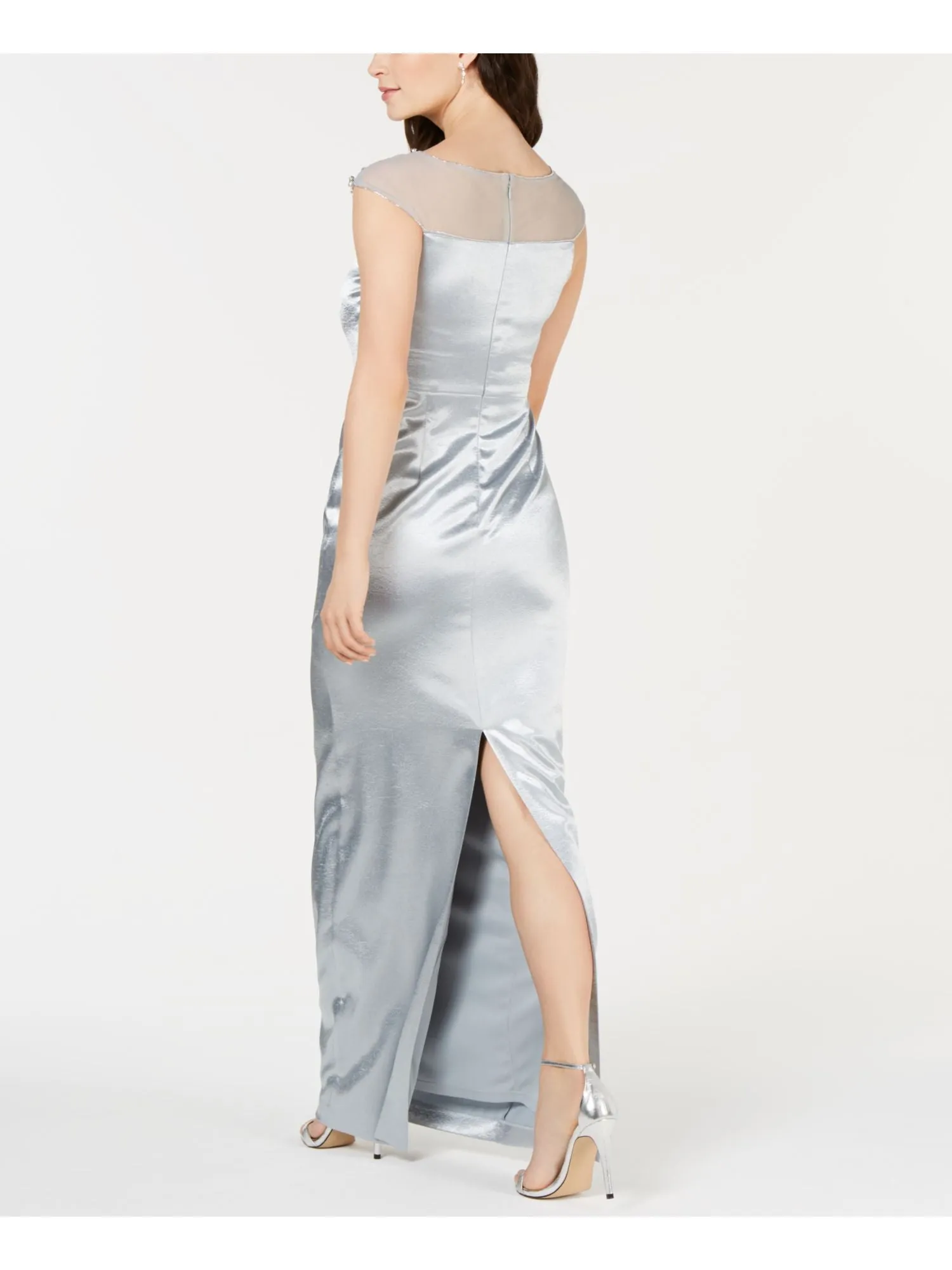 ADRIANNA PAPELL Womens Light Blue Embellished Sleeveless Illusion Neckline Full-Length Formal Dress