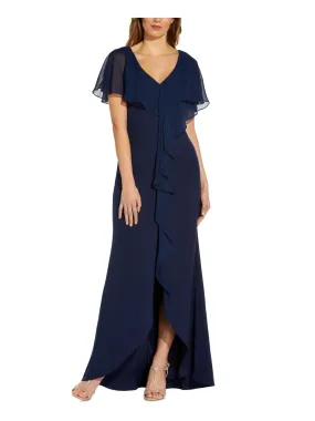 ADRIANNA PAPELL Womens Ruffled Flutter Sleeve V Neck Full-Length Formal Gown Dress