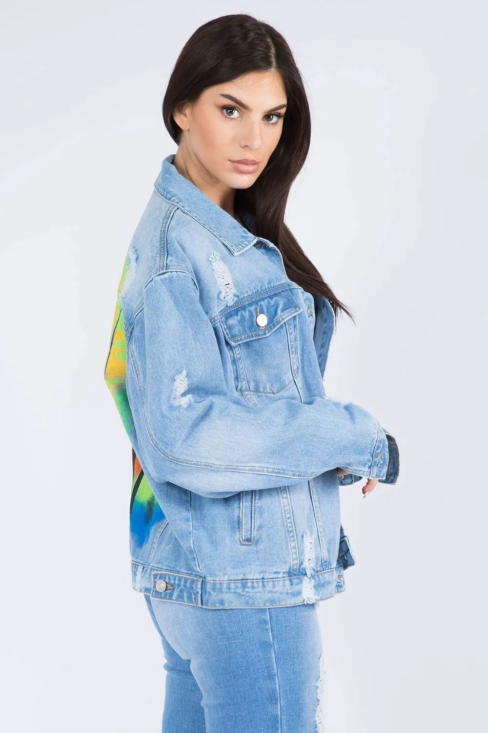 American Bazi Full Size Painted Back Distressed Denim Jacket