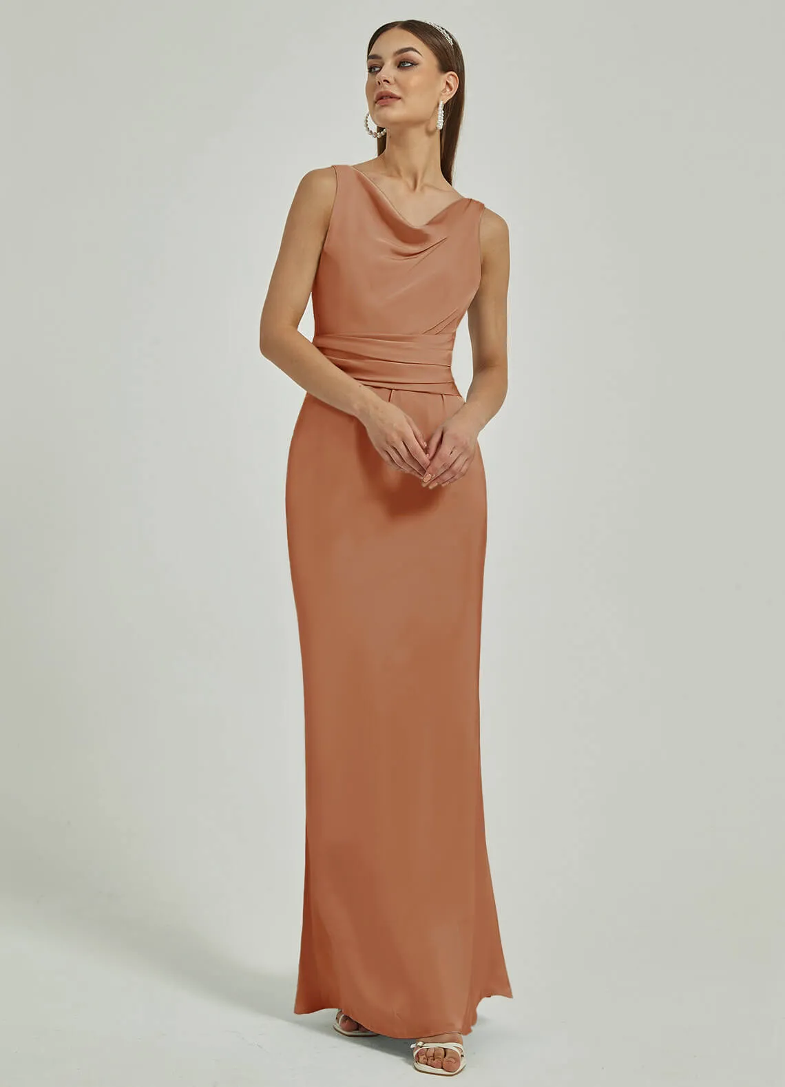 Bronzer Silk Satin Cowl Neck Sheath Backless Maxi Bridesmaid Dress