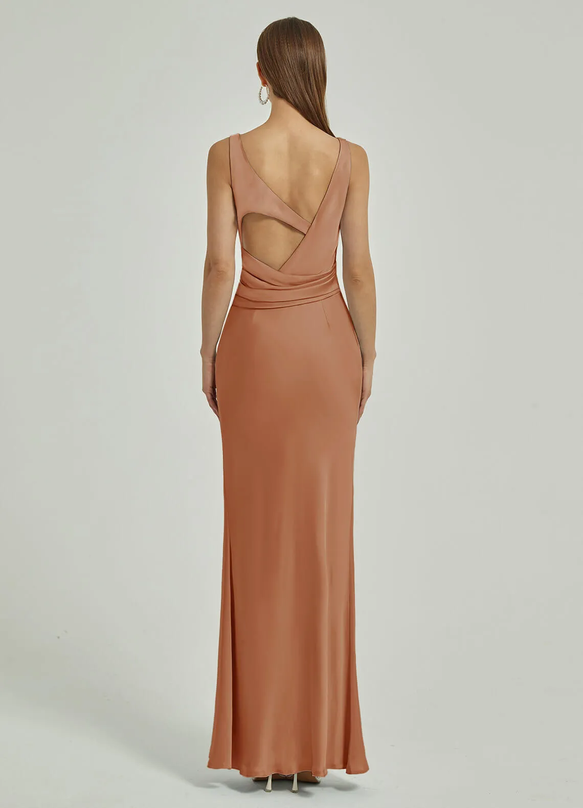 Bronzer Silk Satin Cowl Neck Sheath Backless Maxi Bridesmaid Dress