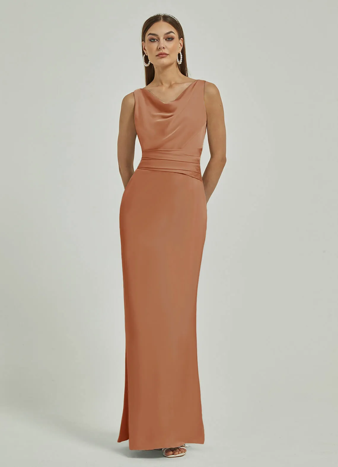 Bronzer Silk Satin Cowl Neck Sheath Backless Maxi Bridesmaid Dress