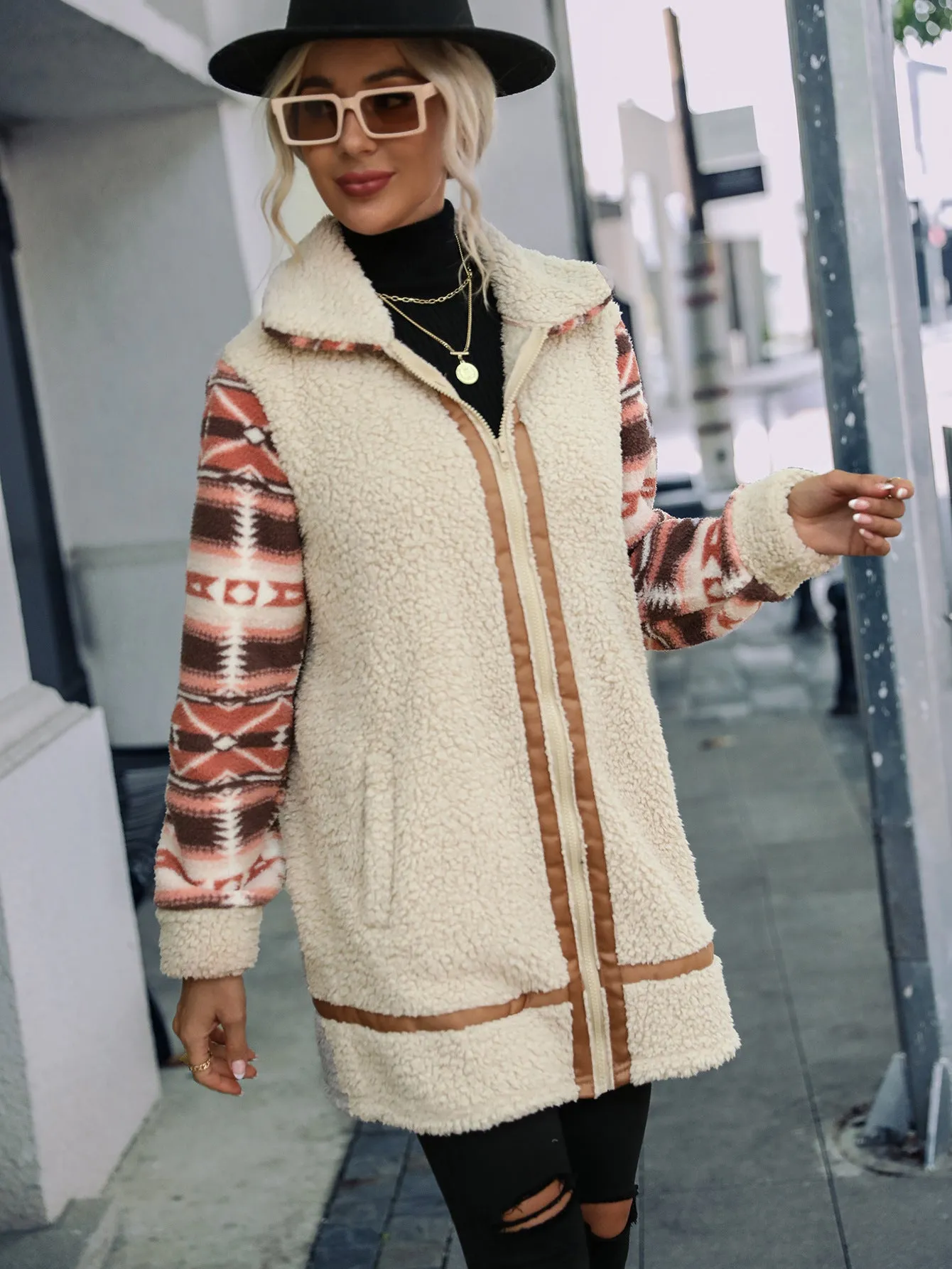 Cardigan Color Matching Print Lapel Zipper Plush Coat