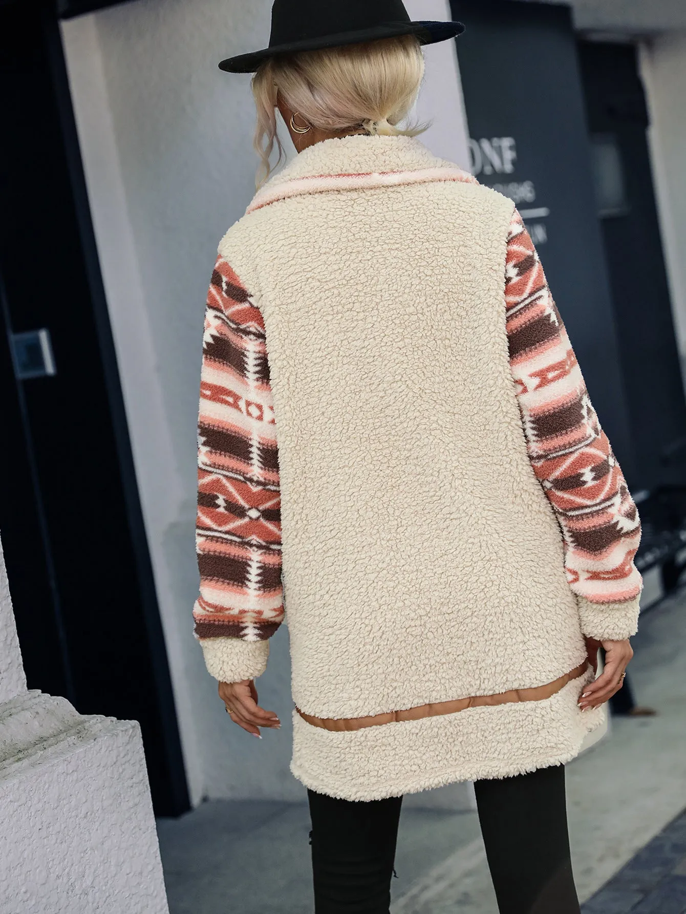 Cardigan Color Matching Print Lapel Zipper Plush Coat