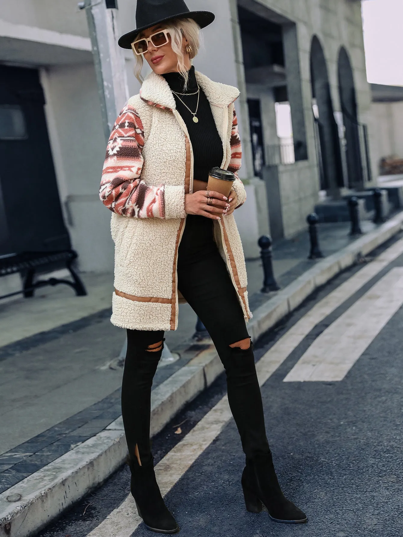 Cardigan Color Matching Print Lapel Zipper Plush Coat