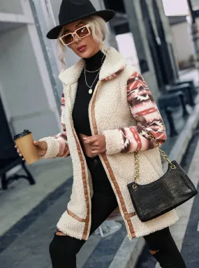 Cardigan Color Matching Print Lapel Zipper Plush Coat