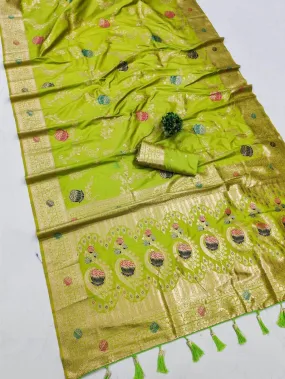 Chatoyant Mehndi Soft Banarasi Silk Saree With Epiphany Blouse Piece