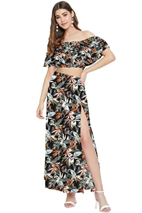 COOL AND CASUAL Women's Floral Printed Two Piece Dress Western Maxi Dress For Women (Small) Multicolour