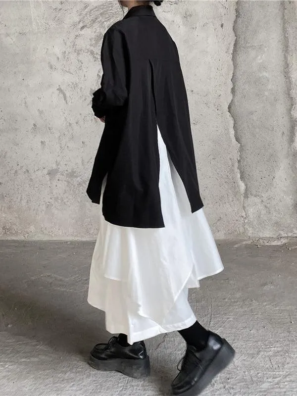 Cool Black Big Split Long Shirt & White Skirt Sets