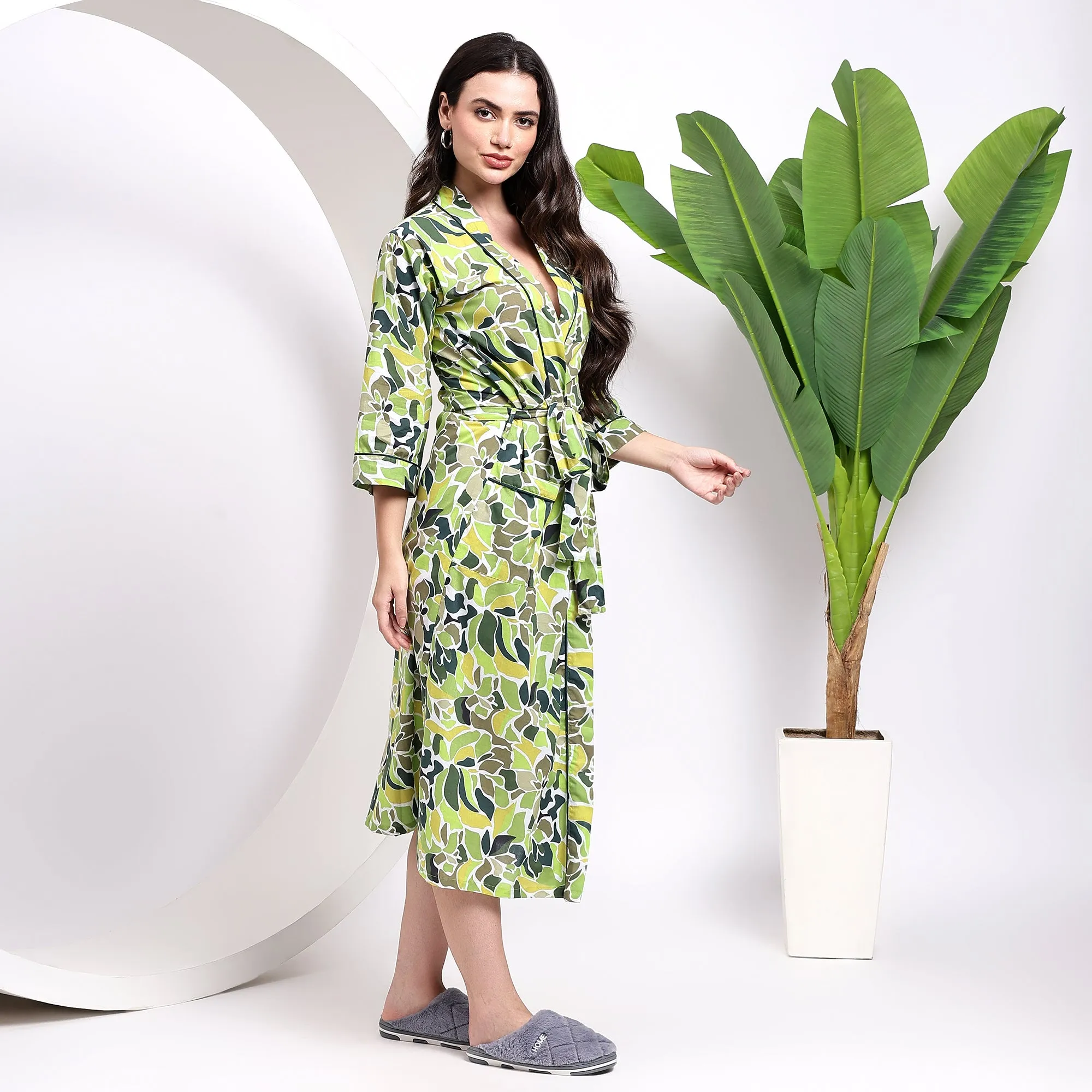 Cozy Prints With Green Abstract Cotton Kimono Robes