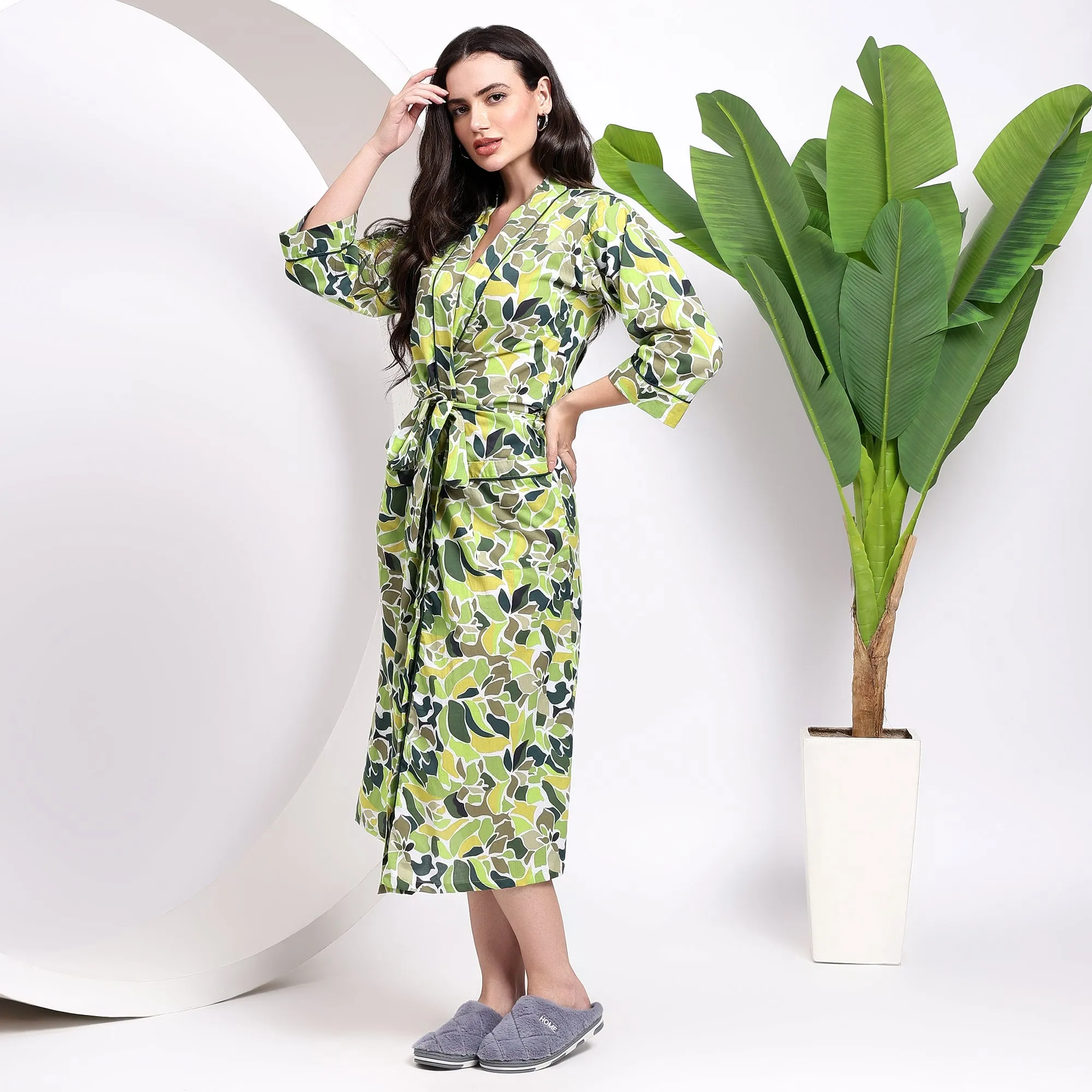 Cozy Prints With Green Abstract Cotton Kimono Robes