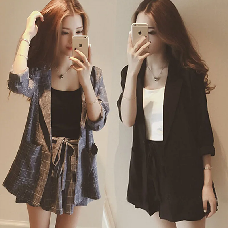 Korean Chequered Blazer Trendy Sets Women Summer Western Shorts Hong Kong Two-Piece Outerwear