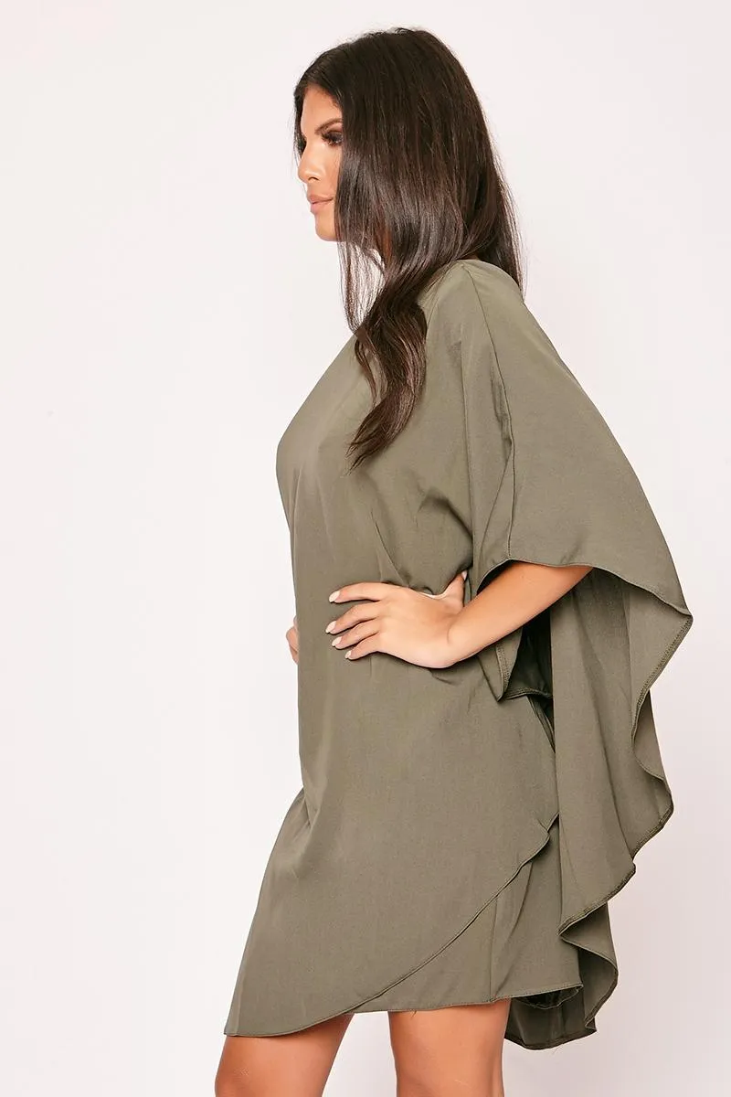 Lindsey - Khaki One Shoulder Cape Sleeve Shift Dress