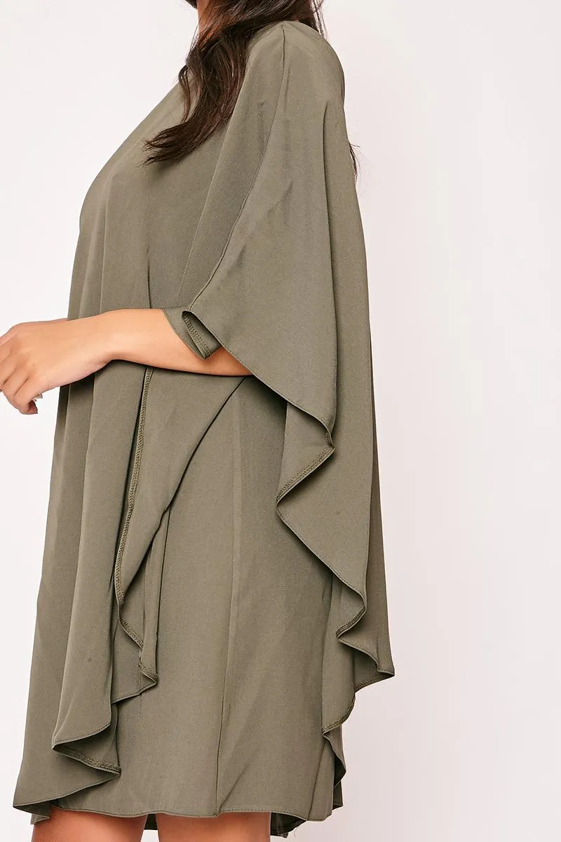 Lindsey - Khaki One Shoulder Cape Sleeve Shift Dress