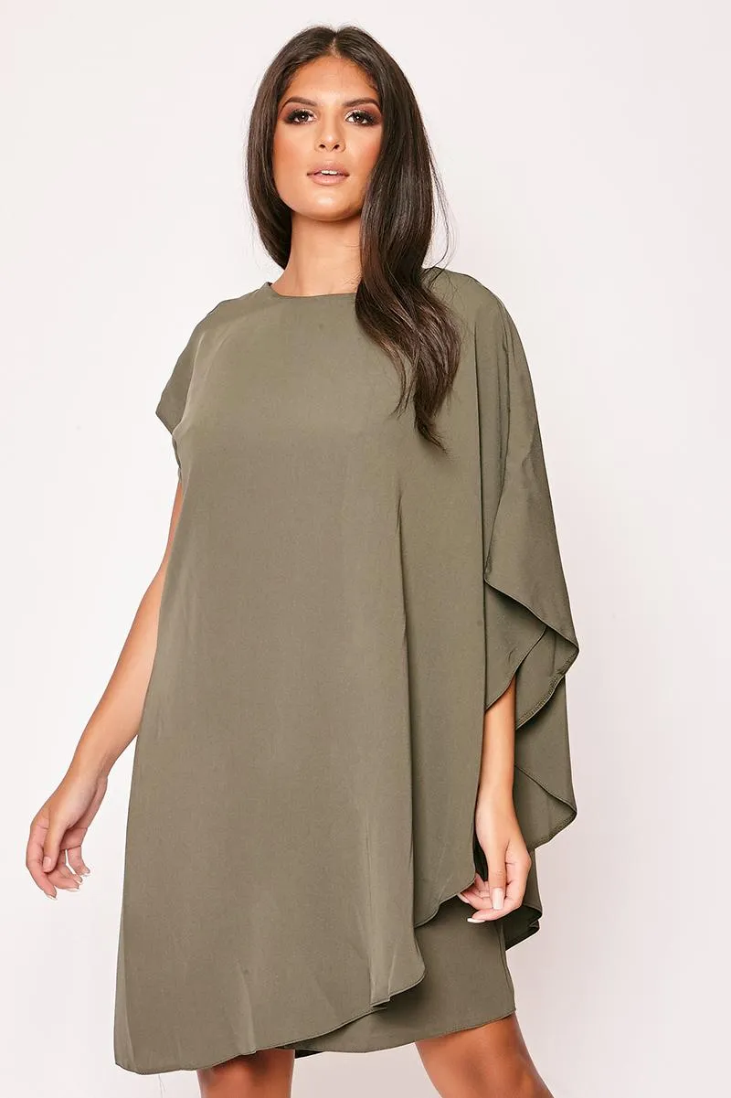 Lindsey - Khaki One Shoulder Cape Sleeve Shift Dress