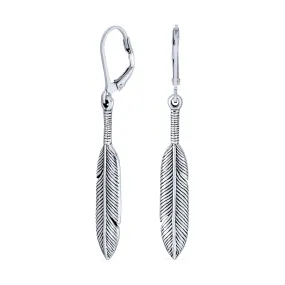 Native American Leaf Feather Two Tone Dangle Earrings Western Jewelry Sterling Silver