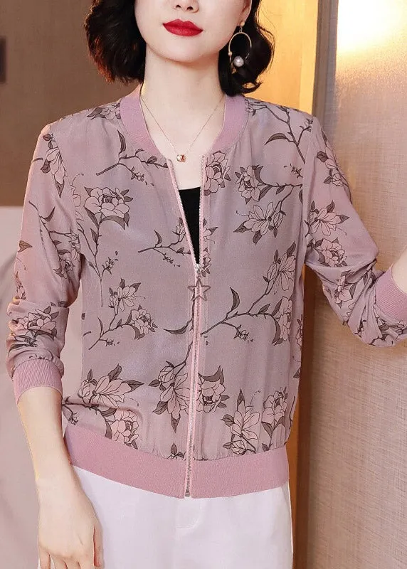 Natural Light Purple Zippered Print Chiffon Coats Summer LY4439