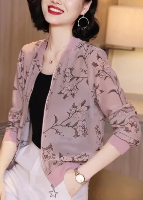 Natural Light Purple Zippered Print Chiffon Coats Summer LY4439