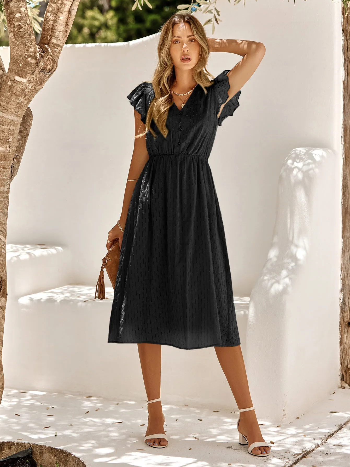 Petal Sleeve Solid Color V-Neck Fresh And Simple Dress Wholesale Dresses