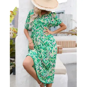 Print Holiday Loose Round Neck Puff Dresses