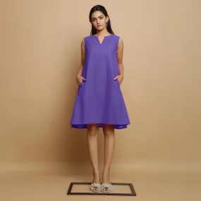 Purple Cotton Poplin Hand Embroidered Knee-Length Godet Dress