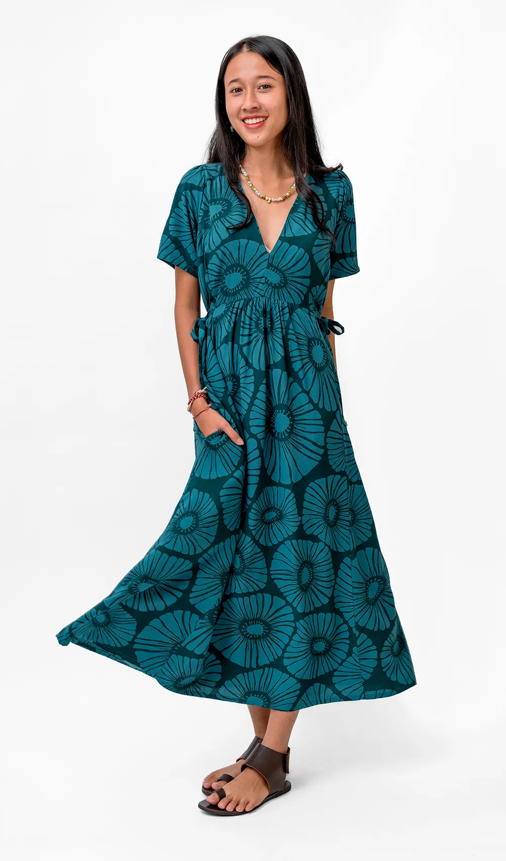 Retro Flowers Dark Teal Rayon Frock Dress, 2 sizes