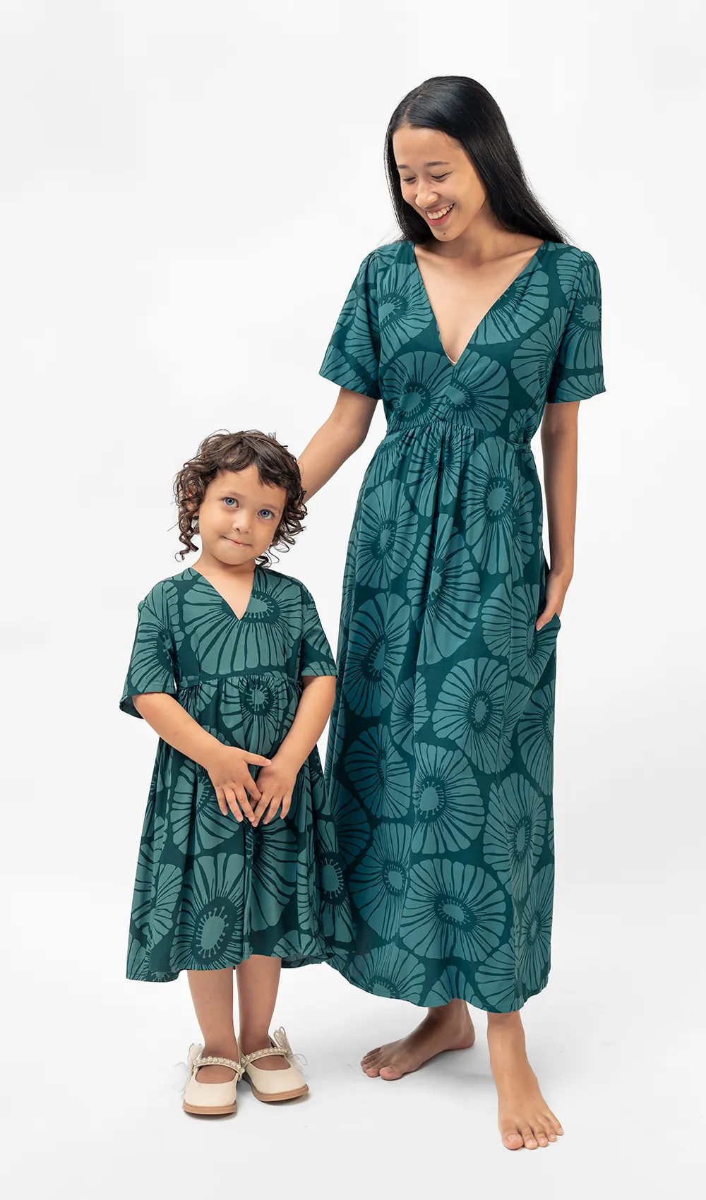 Retro Flowers Dark Teal Rayon Frock Dress, 2 sizes