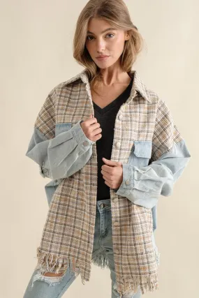 Sweet Generis Fringe Hem Tweed Mixed Denim Jacket