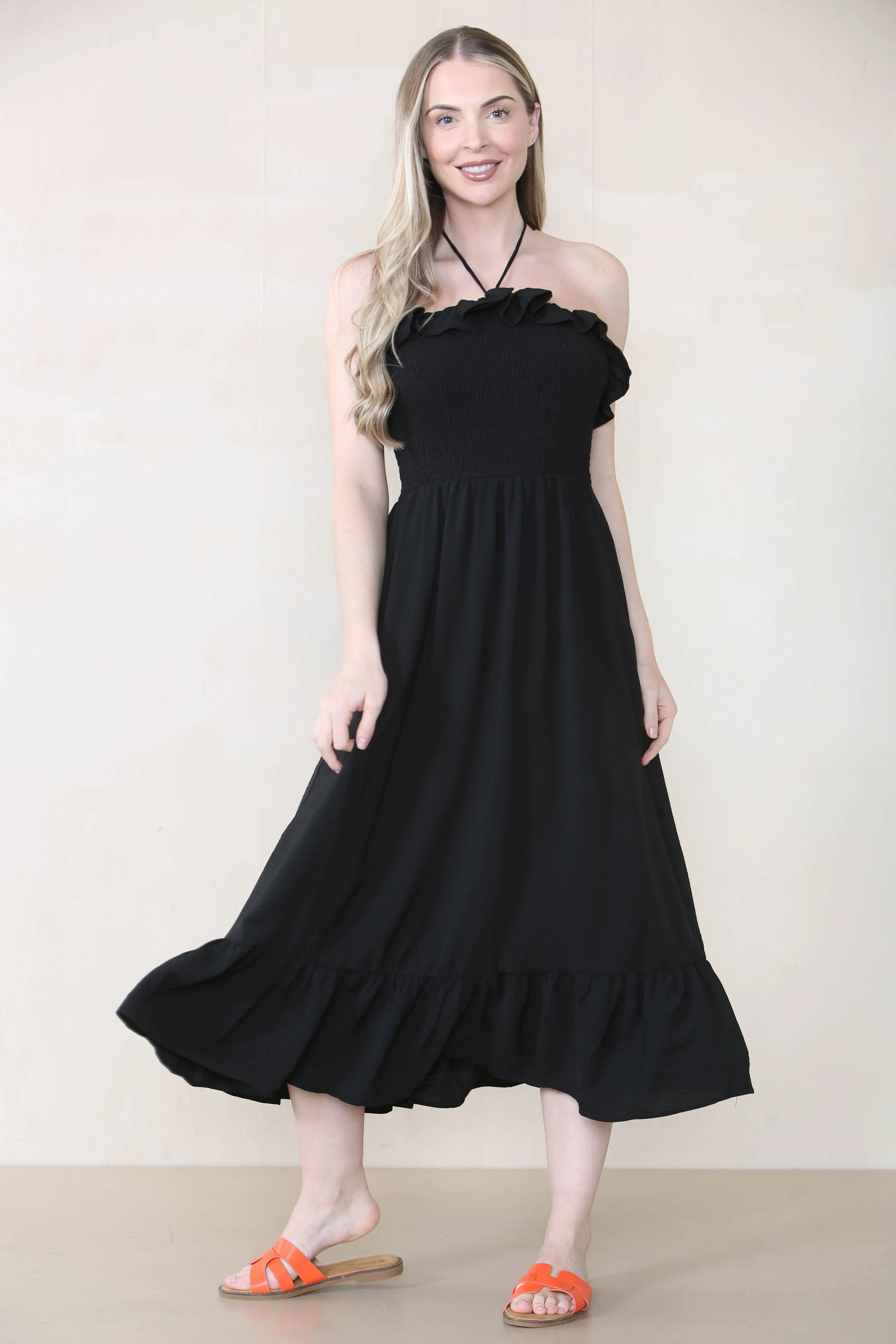 Women's Lovely Plain Sleeveless Frill Front Tie Thin Waist Pleated Maxi Dress