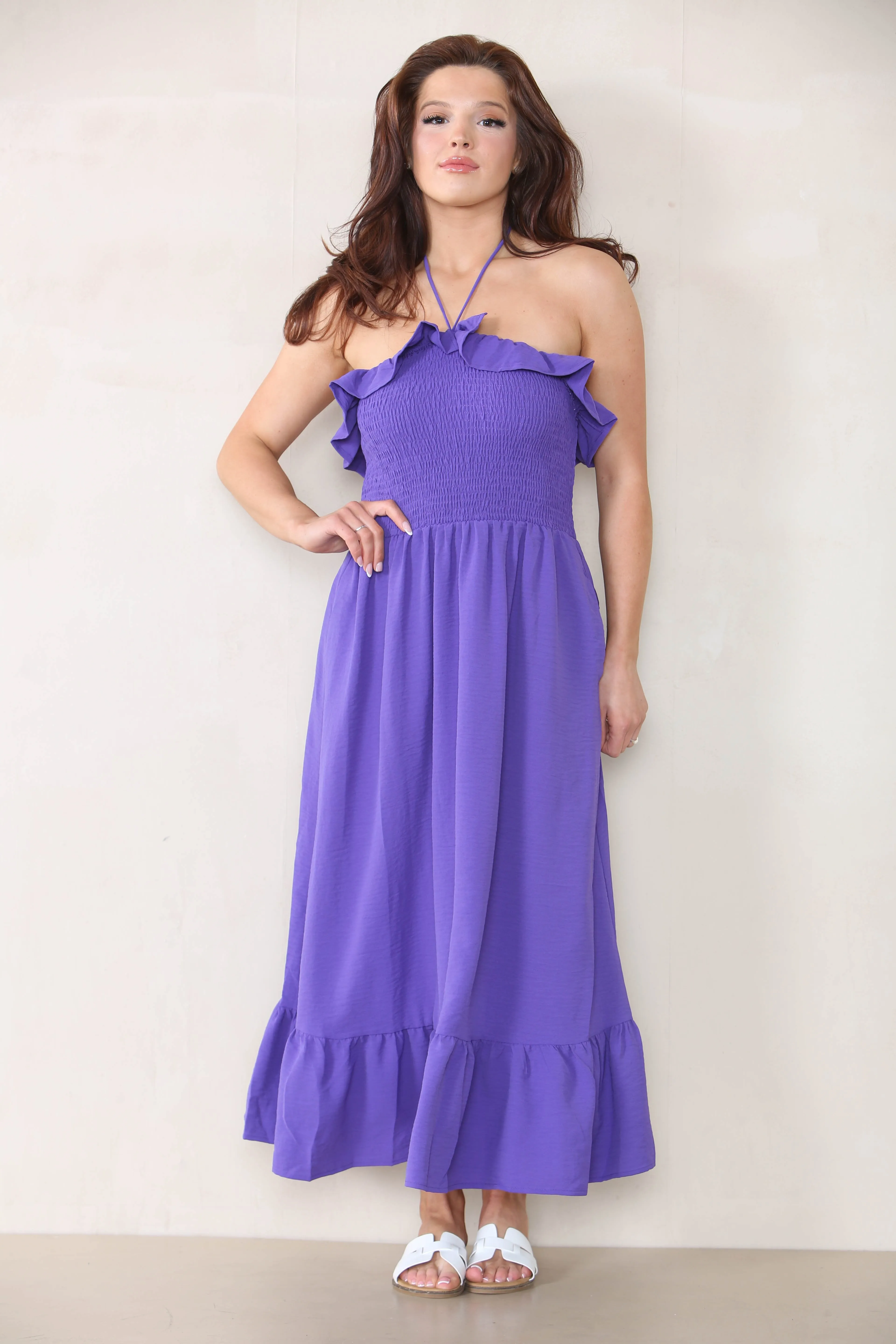 Women's Lovely Plain Sleeveless Frill Front Tie Thin Waist Pleated Maxi Dress