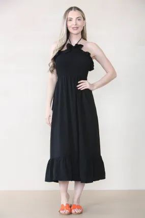 Women's Lovely Plain Sleeveless Frill Front Tie Thin Waist Pleated Maxi Dress