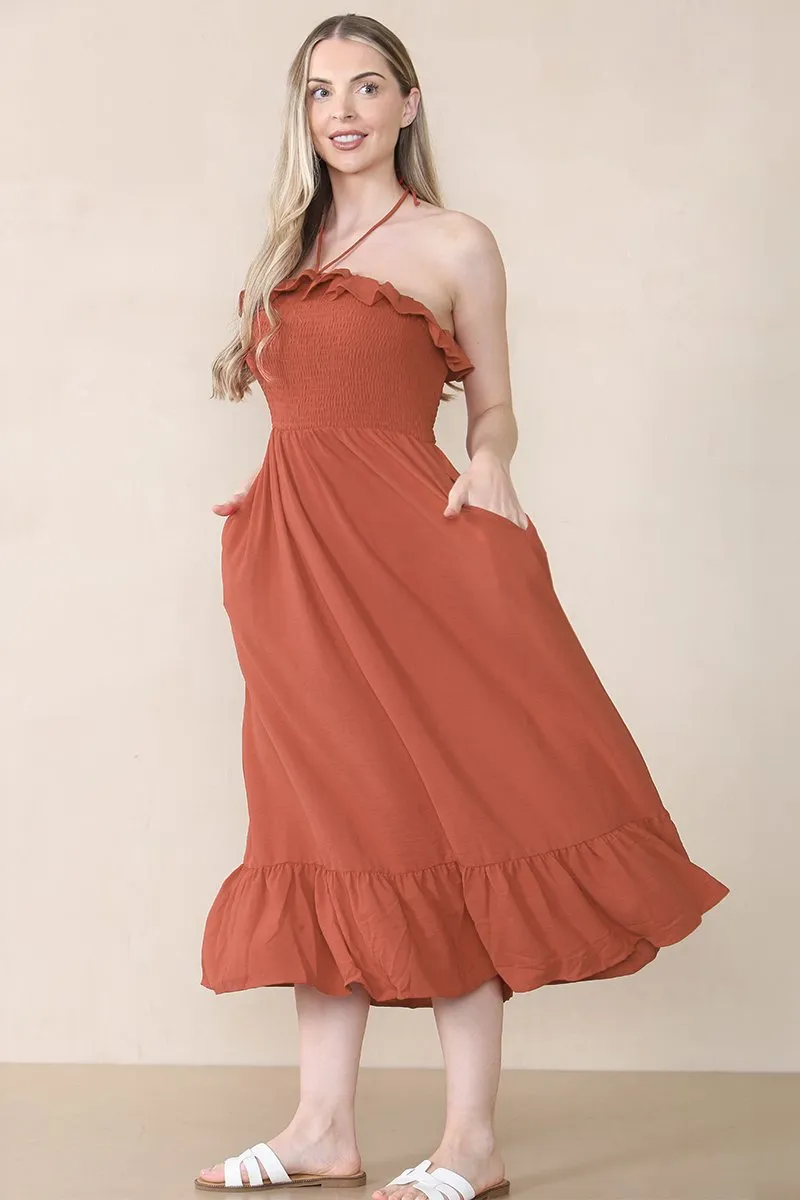 Women's Lovely Plain Sleeveless Frill Front Tie Thin Waist Pleated Maxi Dress