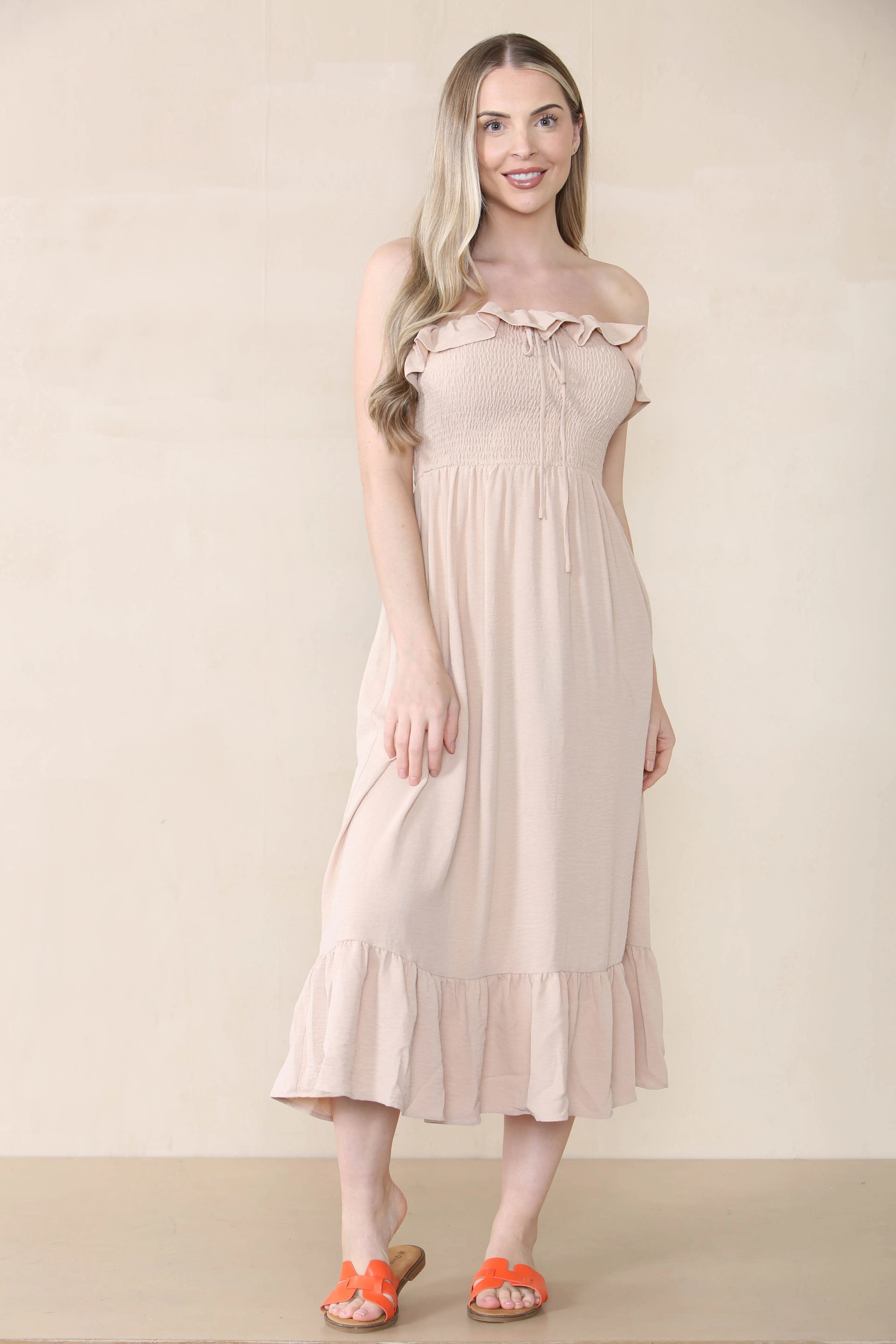 Women's Lovely Plain Sleeveless Frill Front Tie Thin Waist Pleated Maxi Dress