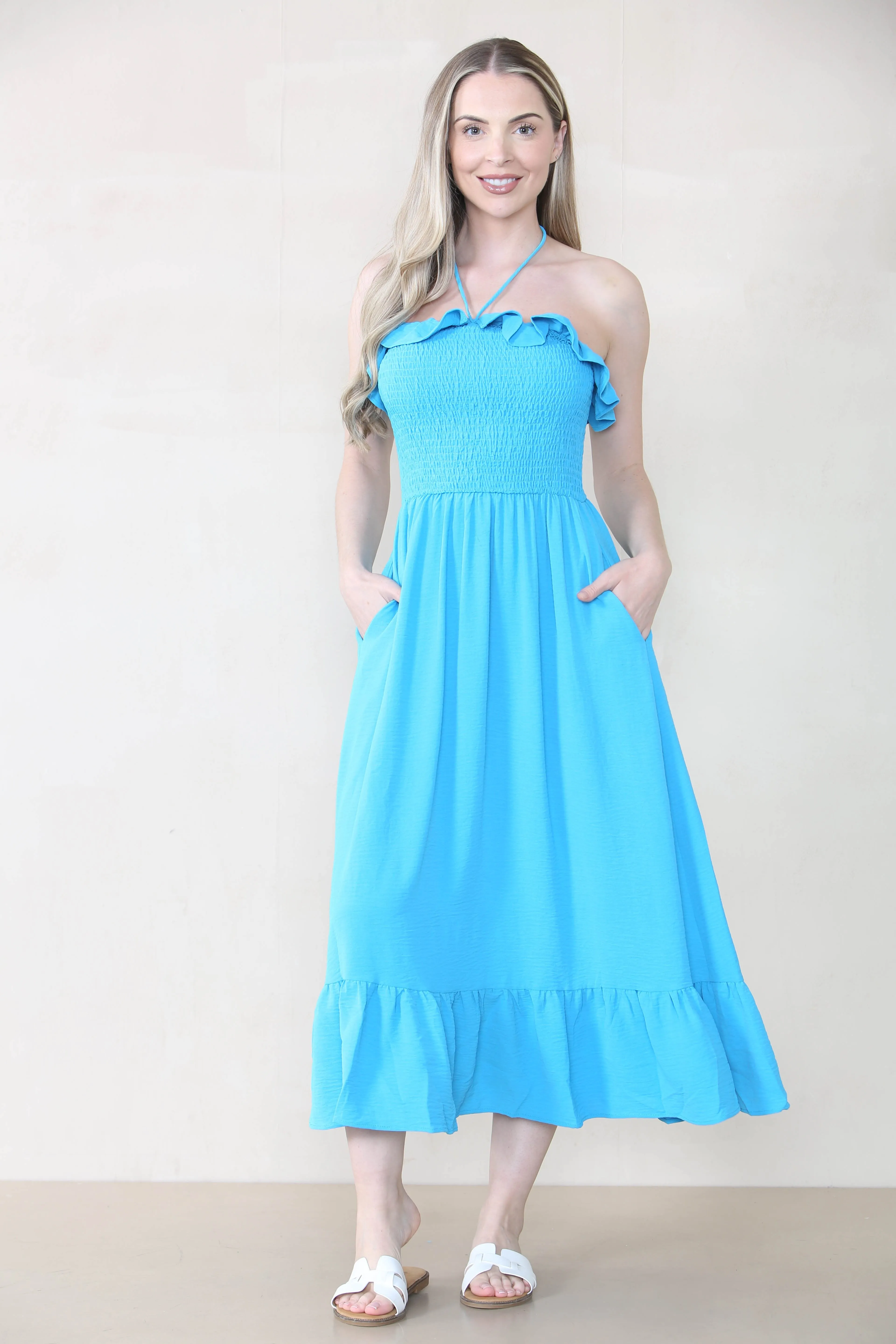 Women's Lovely Plain Sleeveless Frill Front Tie Thin Waist Pleated Maxi Dress