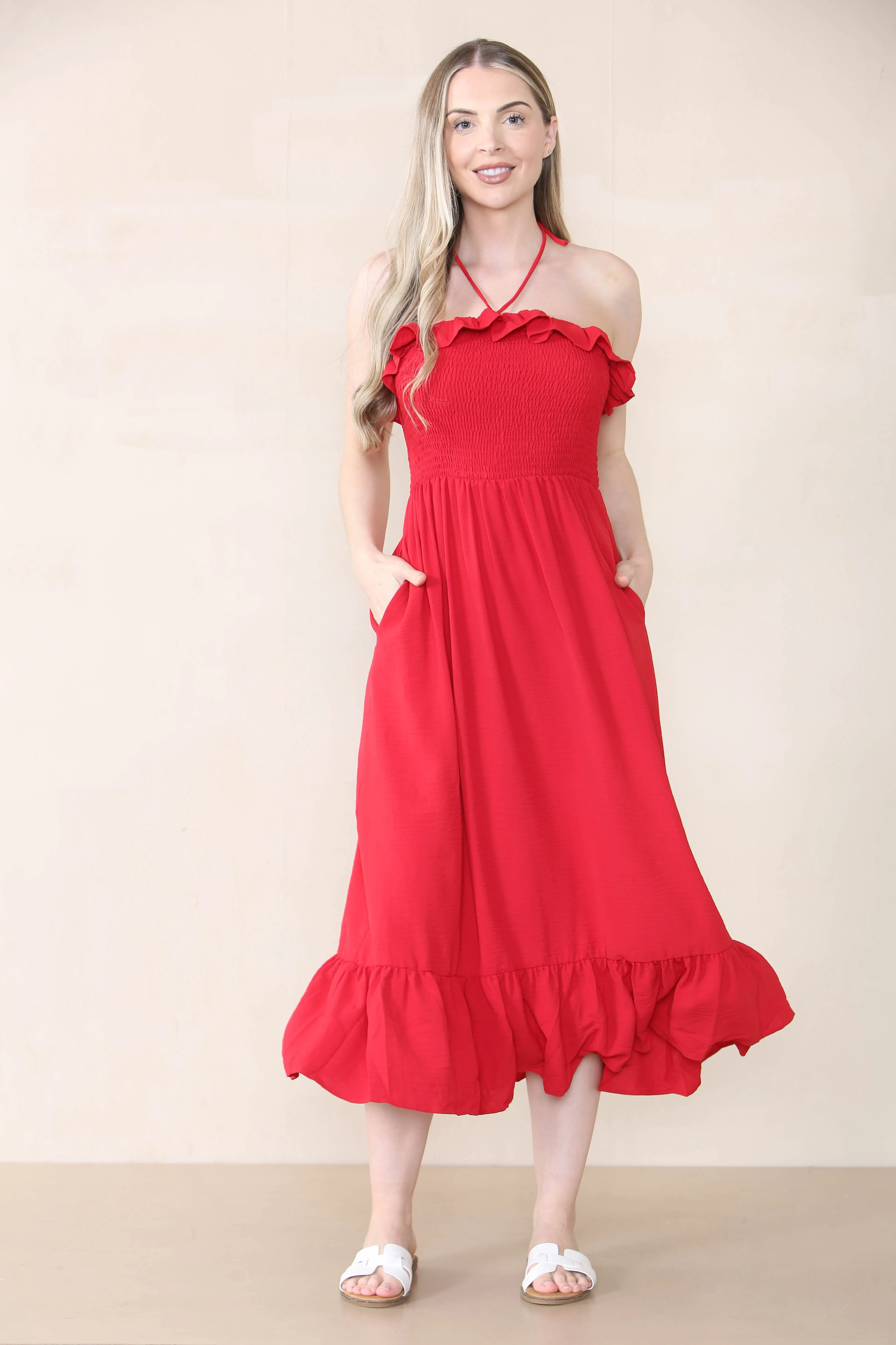 Women's Lovely Plain Sleeveless Frill Front Tie Thin Waist Pleated Maxi Dress